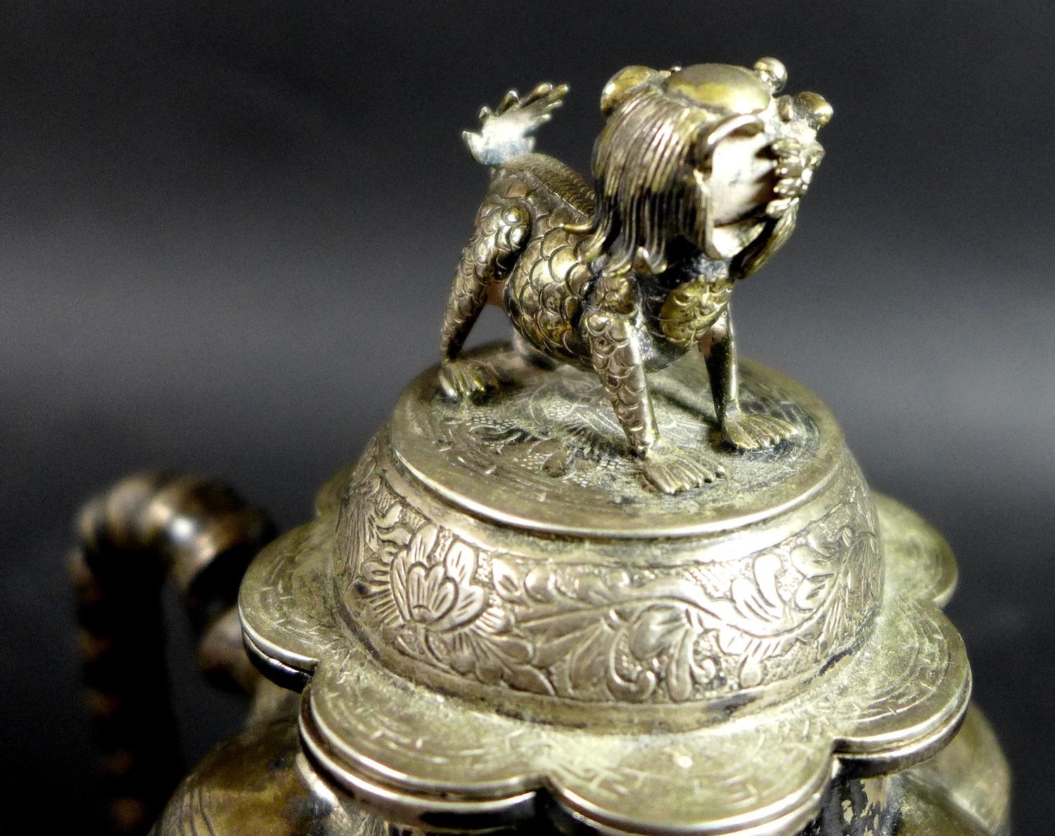 A 19th century Chinese silver wine pot, of lobed tapering form, the cover with shi shi finial, - Image 9 of 12