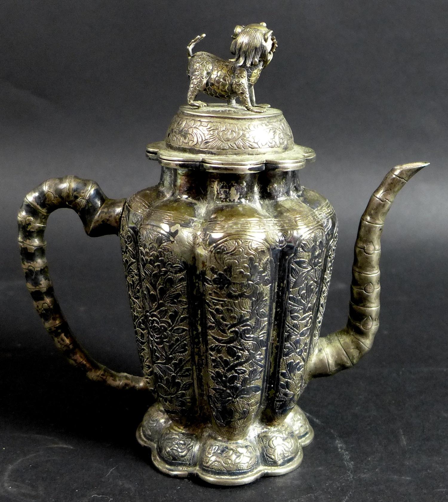 A 19th century Chinese silver wine pot, of lobed tapering form, the cover with shi shi finial, - Image 6 of 12