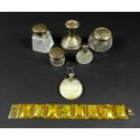 A group of eight silver and decorative items, comprising a small white metal topped agate flask, 4.2