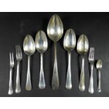 A group of Danish silver and white metal spoons, all with threaded pattern handles, comprising an