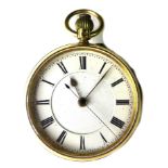 A late Victorian 18ct yellow gold keyless wind open faced pocket watch, white enamel dial with Roman