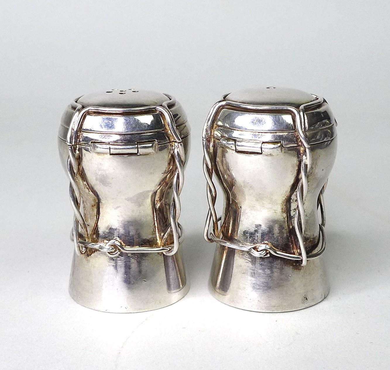 A pair of contemporary silver novelty salt and pepper pots, modelled as champagne corks, AD, - Image 3 of 5