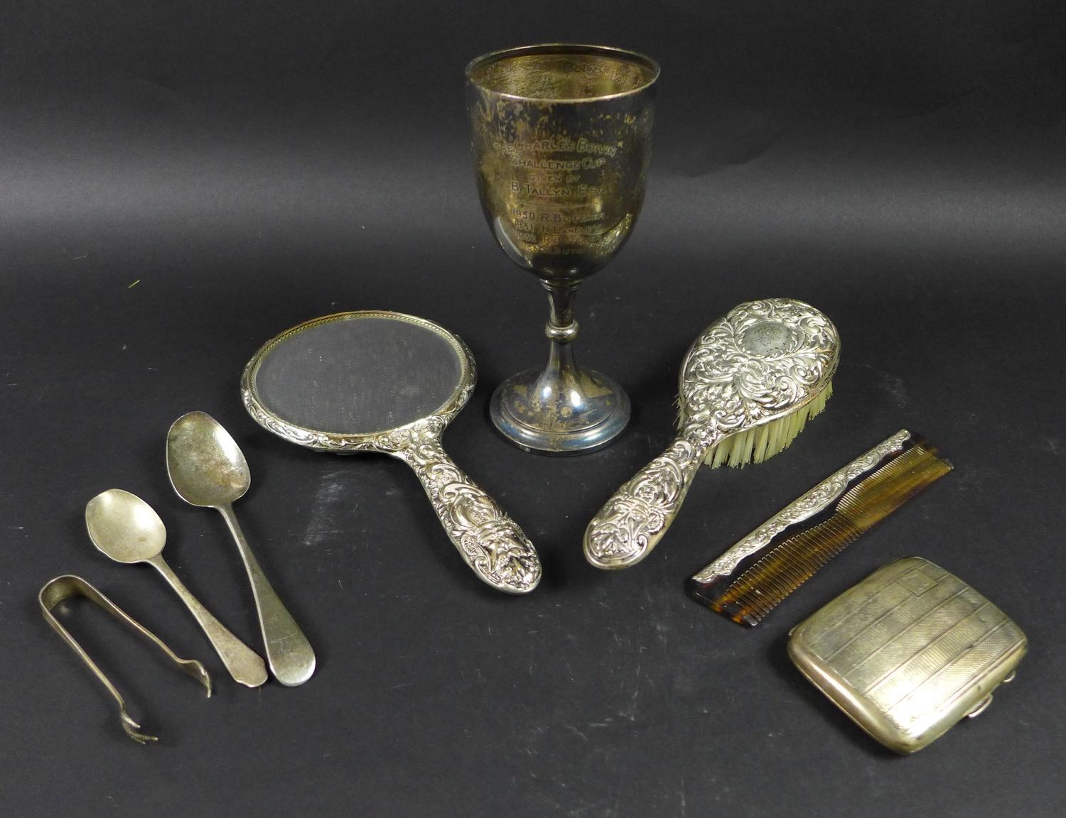 A group of silver items, a George V, silver trophy goblet, inscribed 'The Charles Boivin Challenge