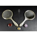 Three silver pill boxes and other silver items, comprising an amethyst inset lidded silver