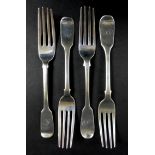 Four George IV silver table forks, all with 'A N' monograms, two by Patrick Leonard, Sheffield,