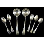 A group of Georgian silver flatware, comprising two George IV sauce ladles William Chawner II,