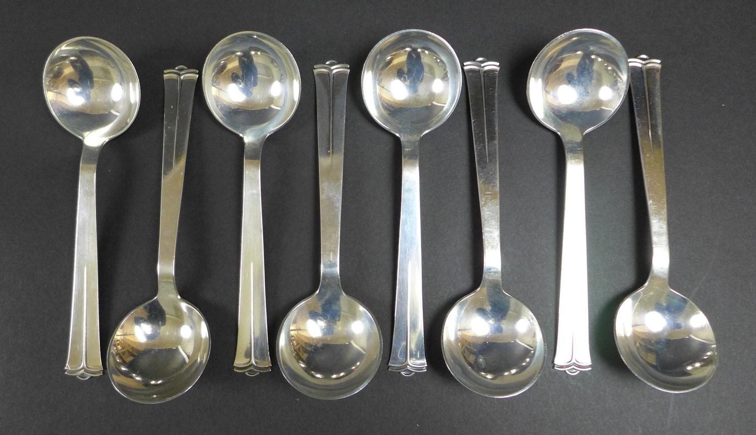 A set of eight mid-20th century Danish 826 silver soup spoons, bearing maker's mark Carl M. Cohr,