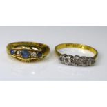 An 18ct gold and diamond five stone ring, size O, 2.1g, together with an 18ct gold, sapphire and