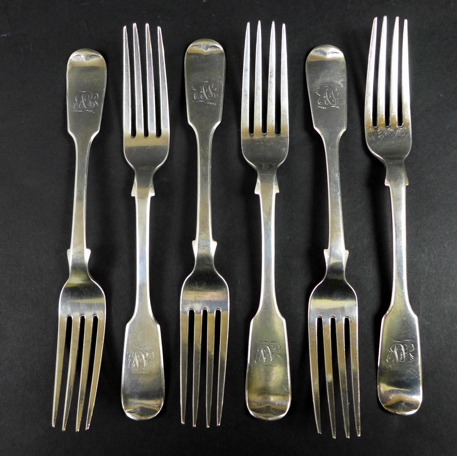 Six Victorian silver forks, with 'A N' monogram Lister & Sons, Newcastle 1865, each 20.5cm long,