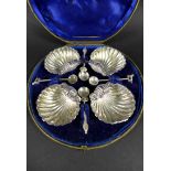 A set of four Victorian silver shell shaped salts, Mitchell Bosley and Co, Birmingham 1896, cased, 6