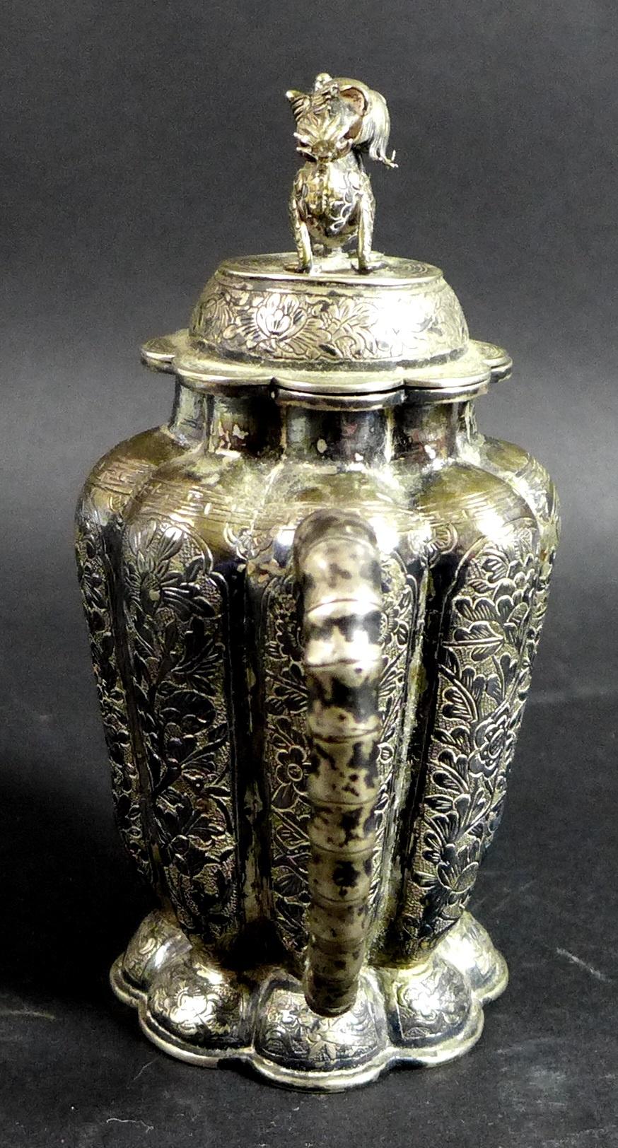 A 19th century Chinese silver wine pot, of lobed tapering form, the cover with shi shi finial, - Image 7 of 12