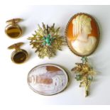 A group of 9ct gold jewellery, comprising two cameo brooches, a textured starburst brooch set with