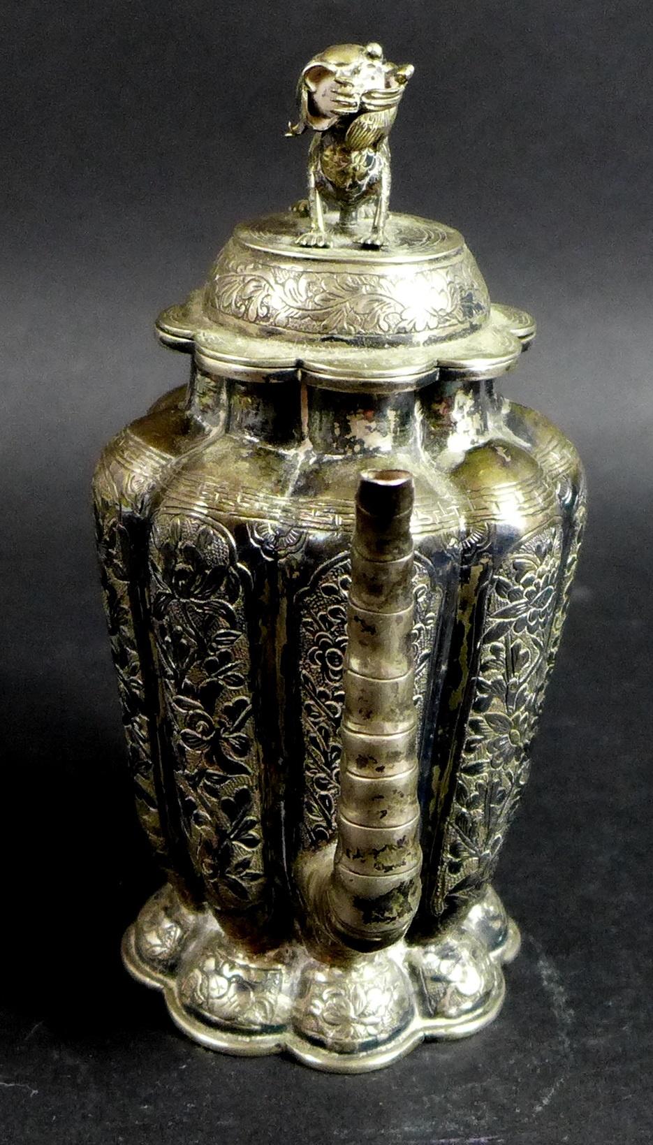 A 19th century Chinese silver wine pot, of lobed tapering form, the cover with shi shi finial, - Image 5 of 12