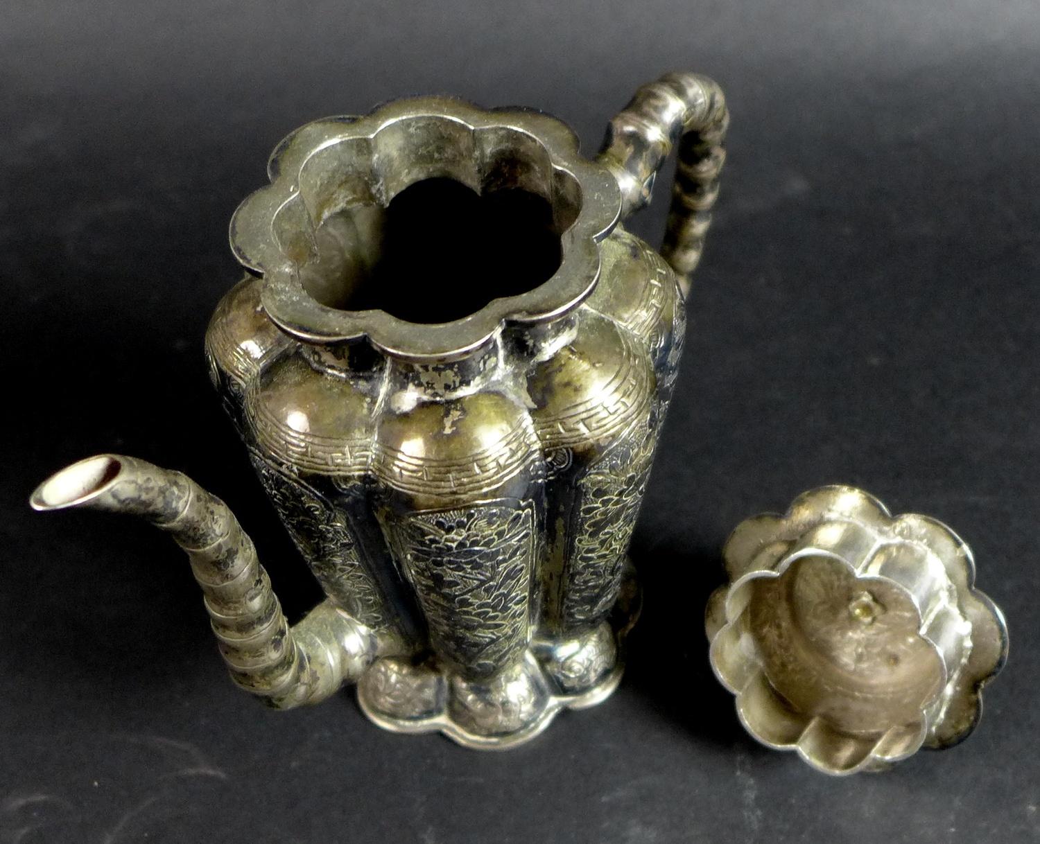 A 19th century Chinese silver wine pot, of lobed tapering form, the cover with shi shi finial, - Image 10 of 12