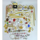 A collection of costume jewellery, including a Wedgwood pendant, a group of silver and semi precious