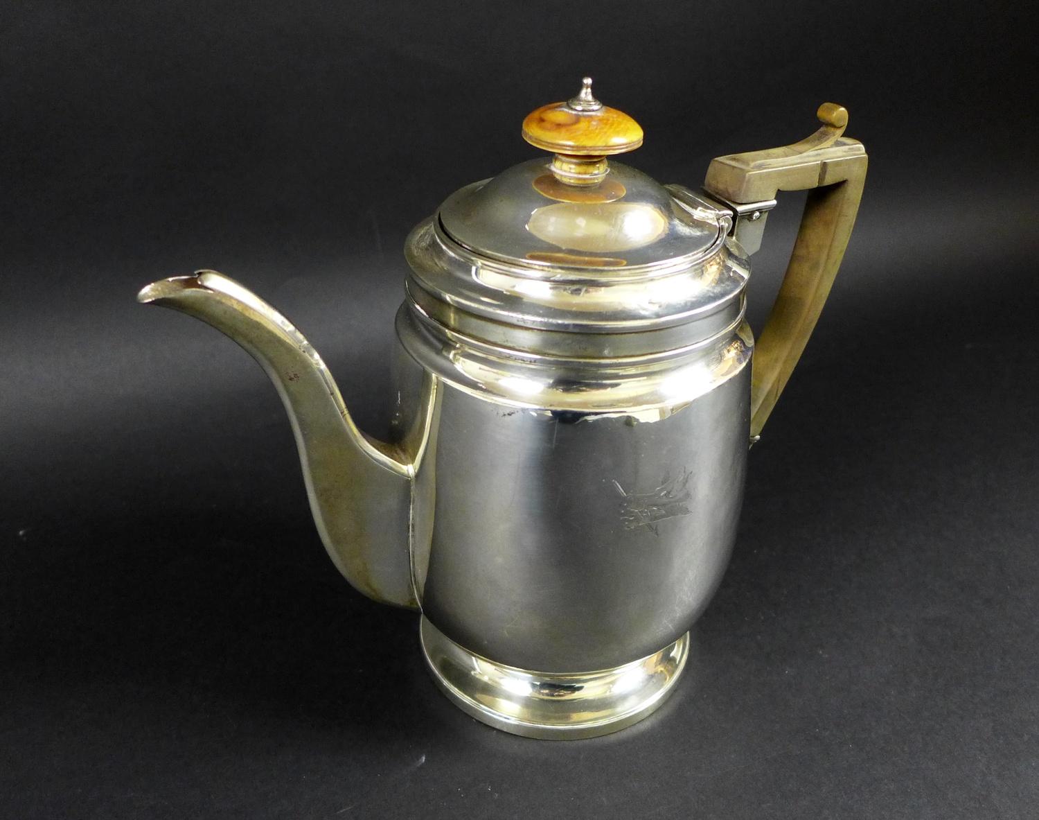 A George III silver coffee pot, of plain design with horn handle, armorial engraving on both - Image 3 of 9