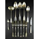 Nine pieces of Danish silver flatware, all with shell terminals, comprising five table forks, a