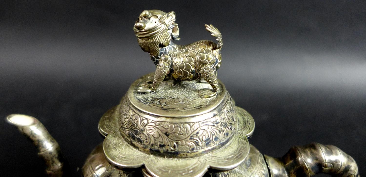 A 19th century Chinese silver wine pot, of lobed tapering form, the cover with shi shi finial, - Image 8 of 12