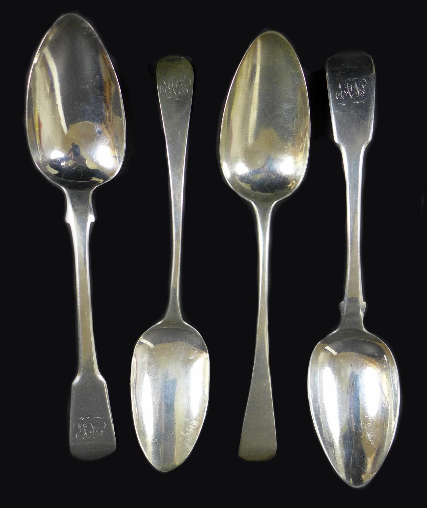 A group of four Georgian silver tablespoons, three with engraved 'AN' monogram to handles,