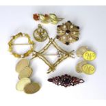 A group of 9ct gold jewellery, comprising brooches and cufflinks, including examples set with