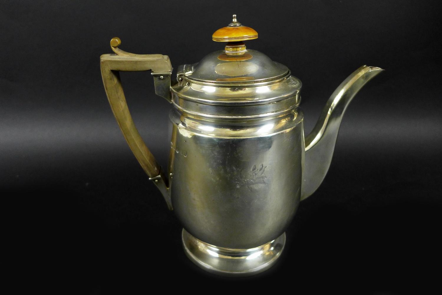 A George III silver coffee pot, of plain design with horn handle, armorial engraving on both - Image 2 of 9
