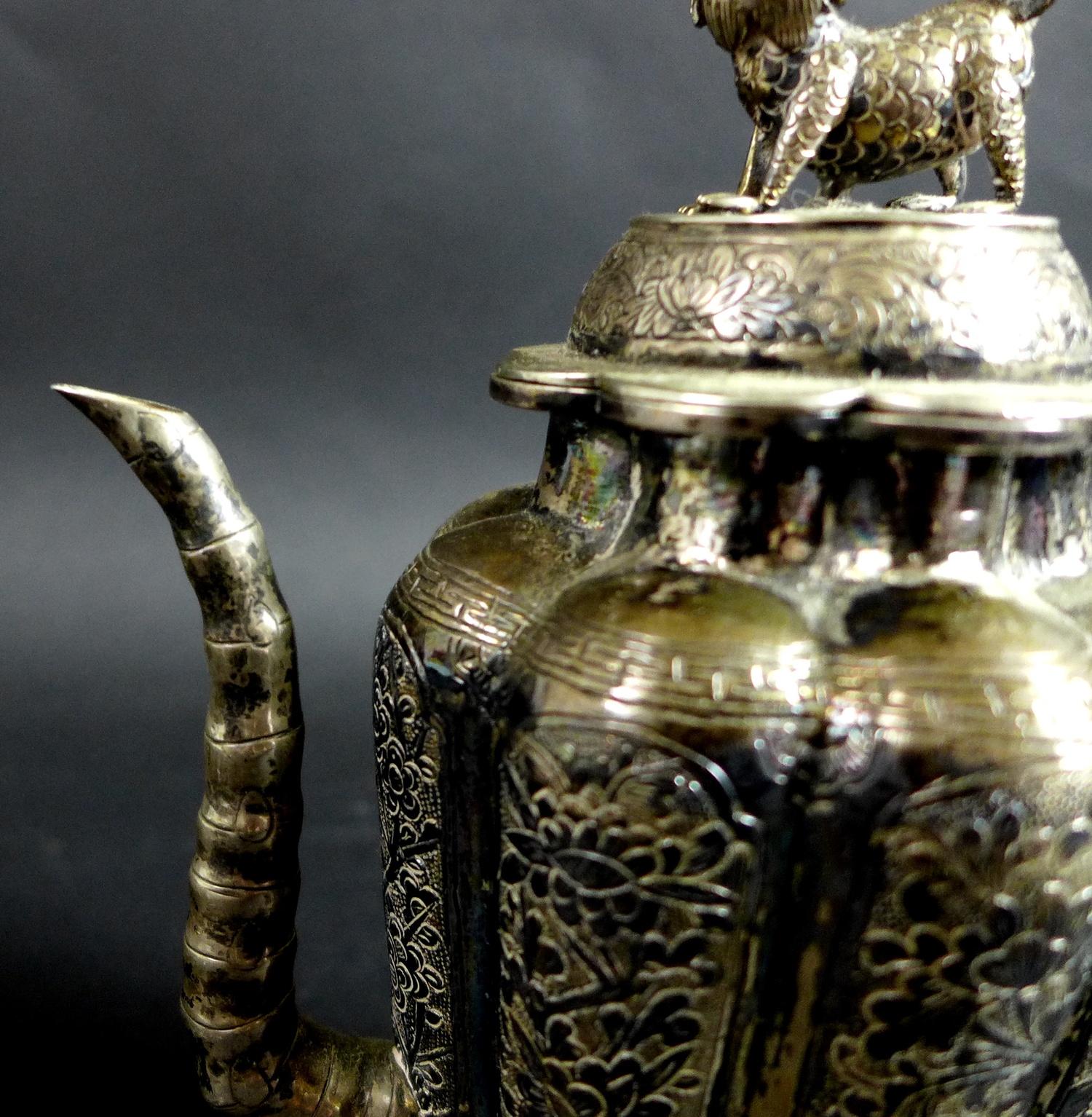 A 19th century Chinese silver wine pot, of lobed tapering form, the cover with shi shi finial, - Image 2 of 12