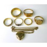 A group of 22ct and 9ct gold jewellery, comprising a 22ct gold band, size I, 2.4g, five 9ct gold