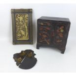 A group of Japanese wooden items, comprising an early 20th century Japanned jewellery box in the