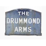 A vintage enamel sign, of arched rectangular form, blue with white lettering 'The Drummond Arms',
