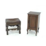 A group of furniture, comprising a mahogany pot cupboard, an oak stool with faux brown leather seat,