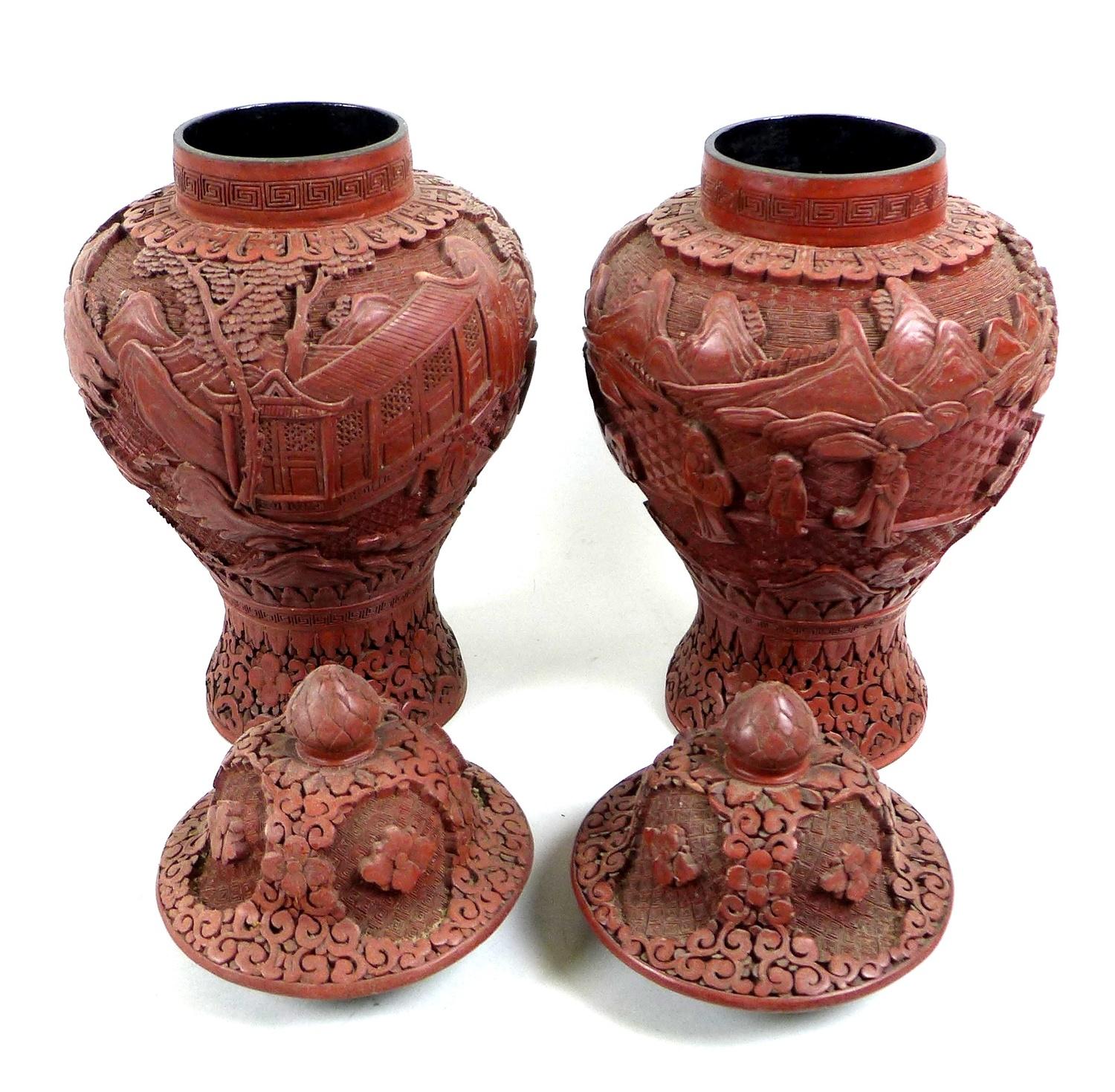 A pair of Chinese covered vases, likely red resin, early to mid 20th century, made to resemble - Image 4 of 5