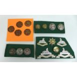 A collection of WWI and later British army and RAF cap badges and buttons, including Lincolnshire