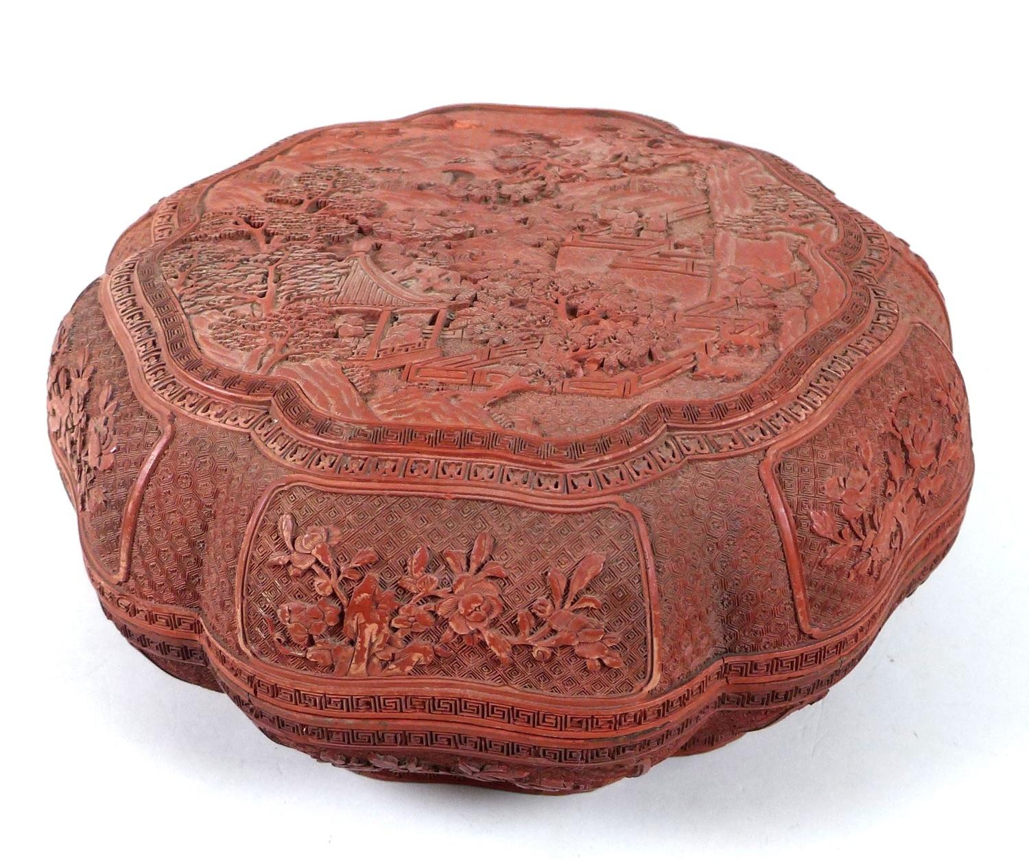 A Chinese early 20th century large box and cover, made to resemble cinnabar lacquer, of six lobed - Image 2 of 6