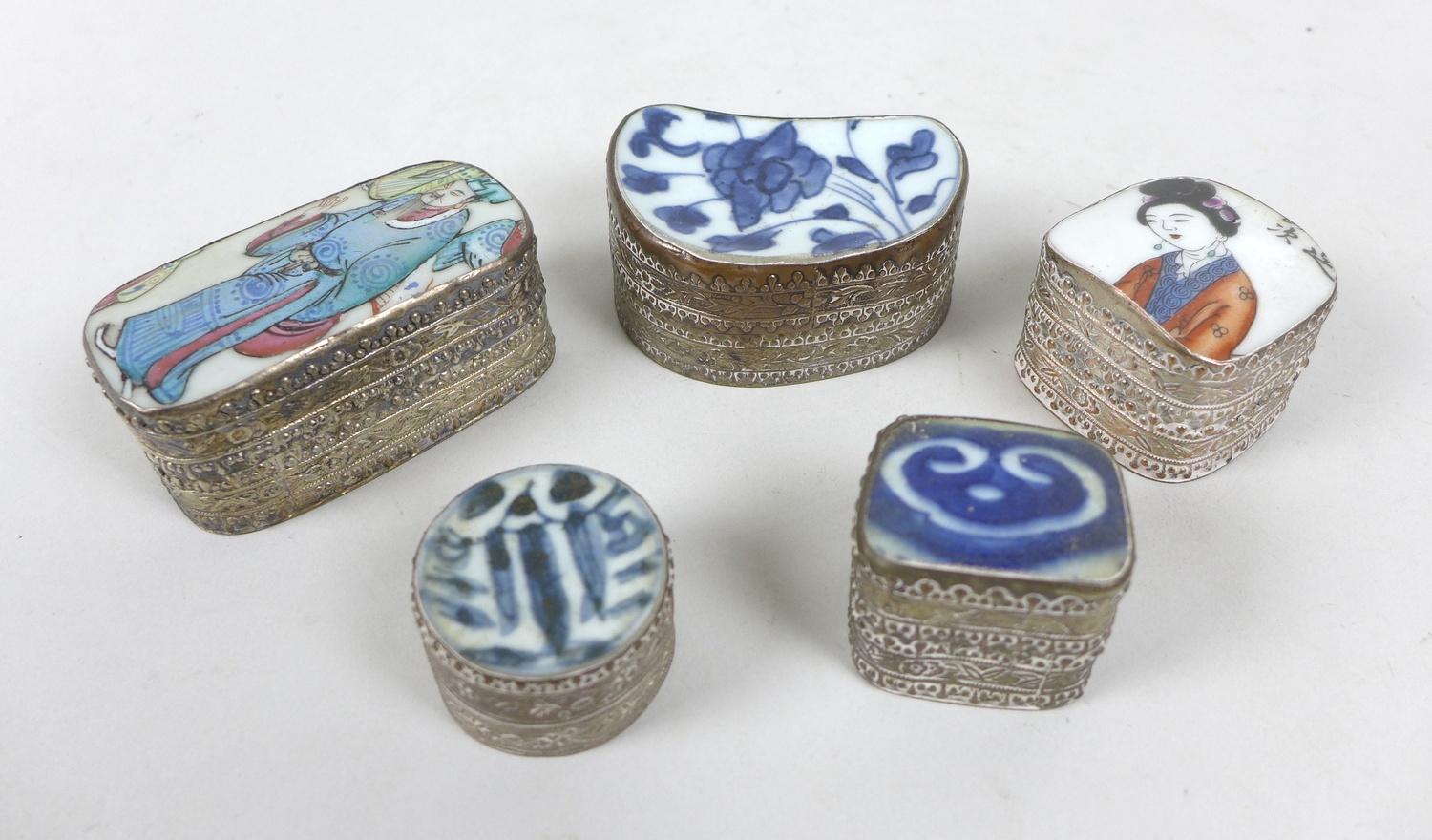 Five trinket boxes with lids inlaid with pieces of Chinese ceramic, including a rectangular form box