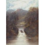 A 19th century landscape with rustic bridge crossing a waterfall, possibly in Scotland