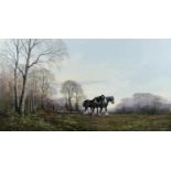 J. Caesar Smith (British, b. 1930): two shire horses clearing woodland, signed and dated '77 lower