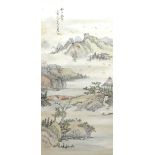 A Japanese scroll painting or Kakemono, Meiji period depicting landscape with mountains and water,