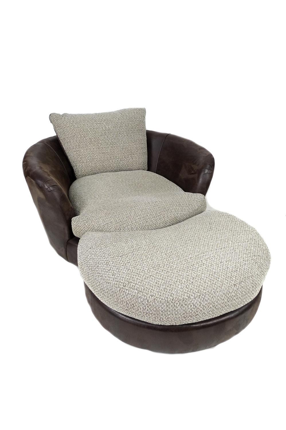 A Maddison contemporary circular form swivel chair with foot matching stool with cushions, chair 135