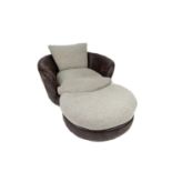 A Maddison contemporary circular form swivel chair with foot matching stool with cushions, chair 135