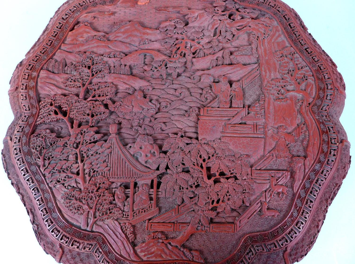 A Chinese early 20th century large box and cover, made to resemble cinnabar lacquer, of six lobed - Image 3 of 6