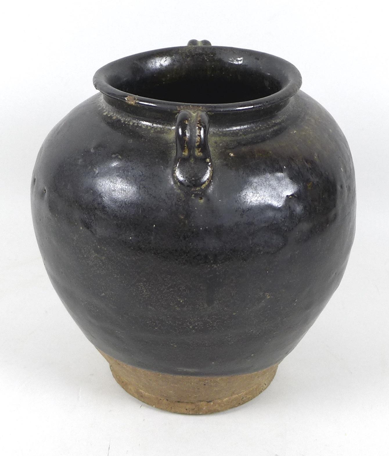 A Chinese stoneware vase with black glaze, in Song style, two small loop handles to the shoulders, - Image 4 of 8