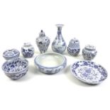A group of modern Chinese blue and white ceramics, comprising a baluster vase with flared rim,