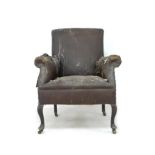 An Edwardian armchair with scroll over arms, cabriole front legs and castors, 74 by 73 by 81cm high.
