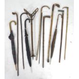 A group of twelve vintage walking sticks and umbrellas, of different styles including two with