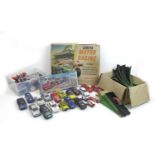 A collection of Airfix and Scalextric toy model racing cars, including an Airfix Motor racing set