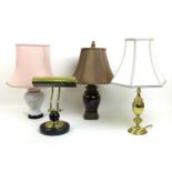 A group of four modern table lamps, comprising a brass desk lamp, a Chinese style white glazed and