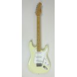 A Harley Benton ST-62MN VW Vintage Series Stratocaster style electric guitar, in vintage white, with