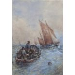 William Edward Webb (British, 1862-1903): three fishermen rowing out at sea