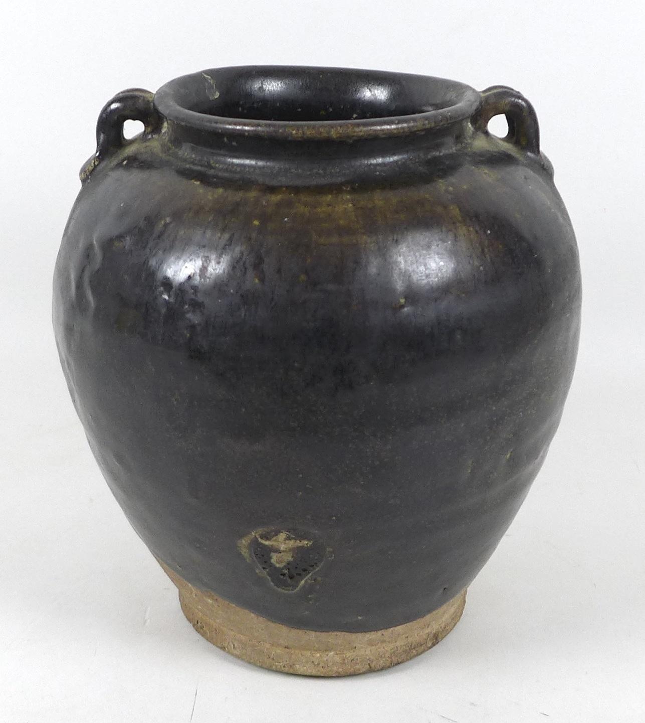 A Chinese stoneware vase with black glaze, in Song style, two small loop handles to the shoulders, - Image 5 of 8