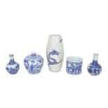 A group of modern Chinese blue and white ceramics, comprising a stick stand, with white crackleure